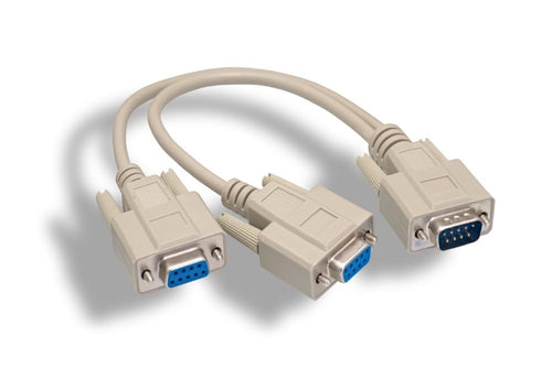 KENTEK 1 Feet FT DB9 Male to 2X DB9 Female Extension Y Splitter Cable Cord 9 Pin Serial RS-232 28 AWG Male to 2X Female M/Fx2 Molded Straight-Through D-Sub Port Beige for PC Mac Linux Data